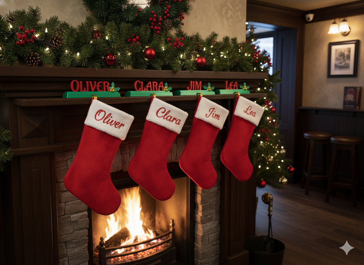 Colgador de calcetín personalizado impreso en 3D con el nombre LIAM y decoración de acebo.