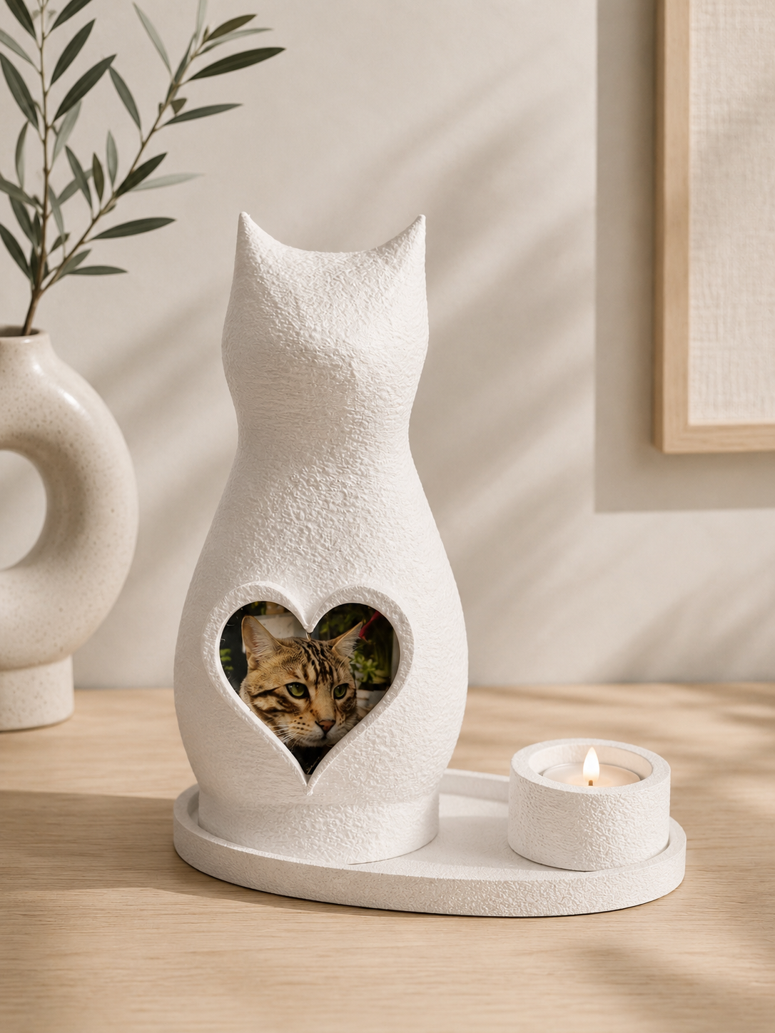 Complete personalized cat memorial set: photo urn with matching display tray and candle holder in a white finish