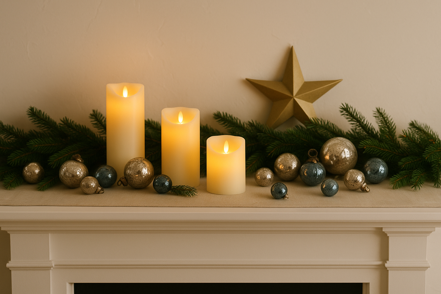 Mensola natalizia con ghirlanda, candele LED e ornamenti