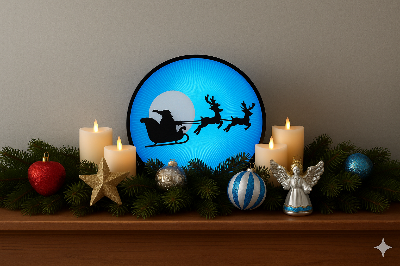 Decorazione a forma di slitta di Babbo Natale sul camino con candele a LED e ornamenti natalizi