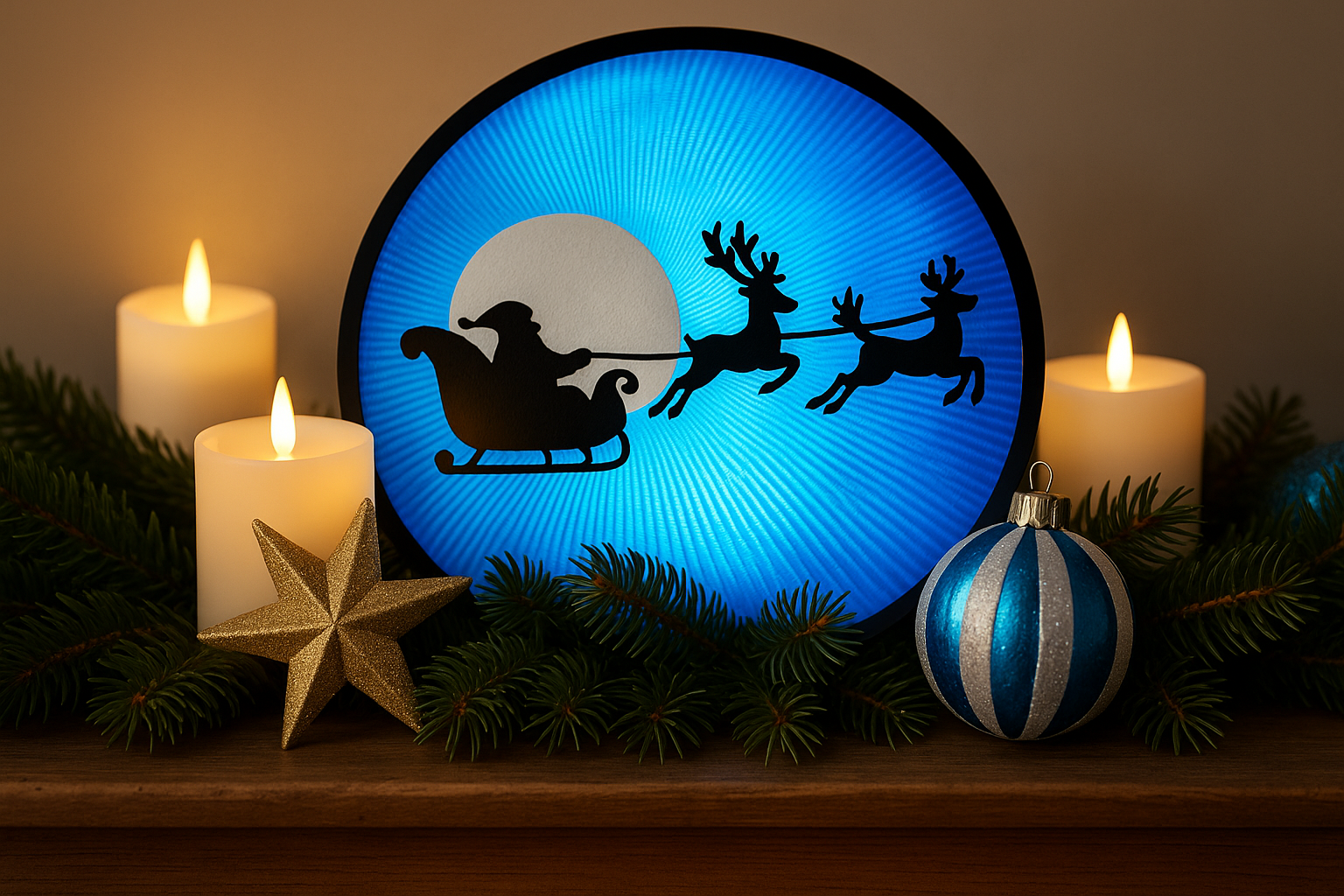 Primo piano della decorazione della slitta di Babbo Natale con candele LED e ornamenti