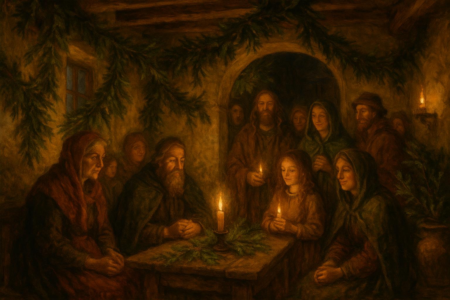 Antigua celebración pagana del solsticio de invierno con ramas de hoja perenne.