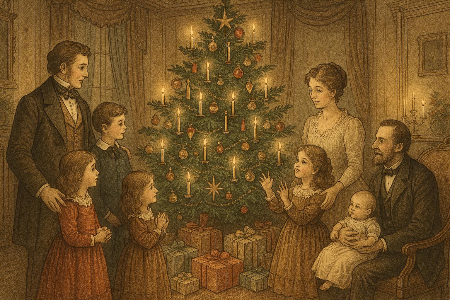 Escena navideña de la época victoriana con un árbol elegantemente decorado y una reunión familiar.