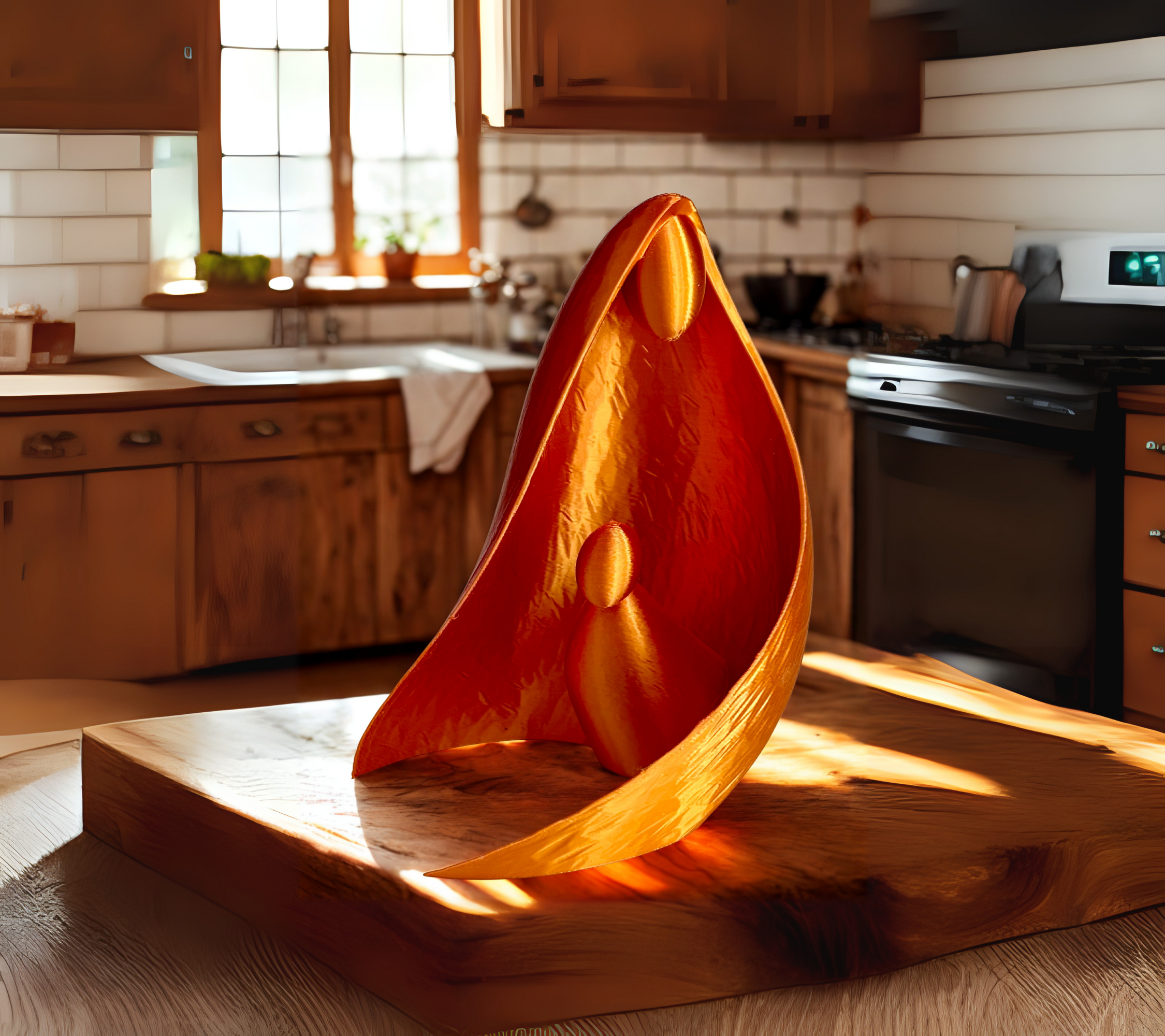 Escultura de mãe e filho ao pôr do sol